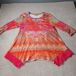One World Womens Lg Abstract Embellished Coral Org Roses Asym Sweater Tunic Top